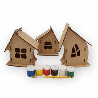 Kit 3 Casinhas de Fadas p/ Crianças + Tinta e Pincel MDF Cru