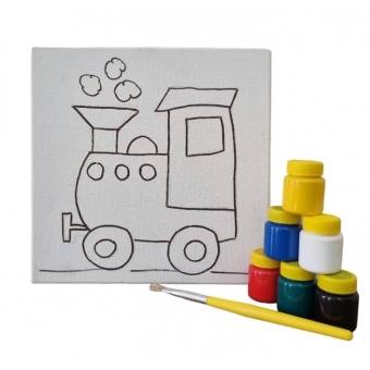 Kit Pintura em Tela Infantil Trem Tintas Pincel e Arte