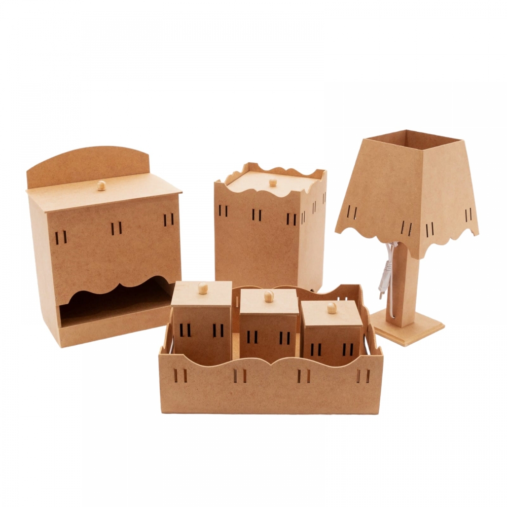 Kit Higiene Bebê Passa Fita Porta Fraldas Abajur MDF cru