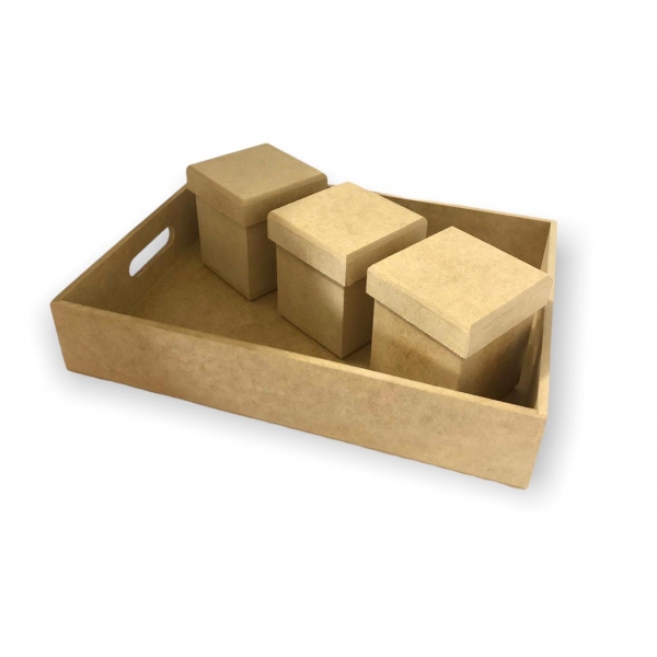 Kit Higiene Bebê Bandeja Reta com 3 Potes MDF Cru