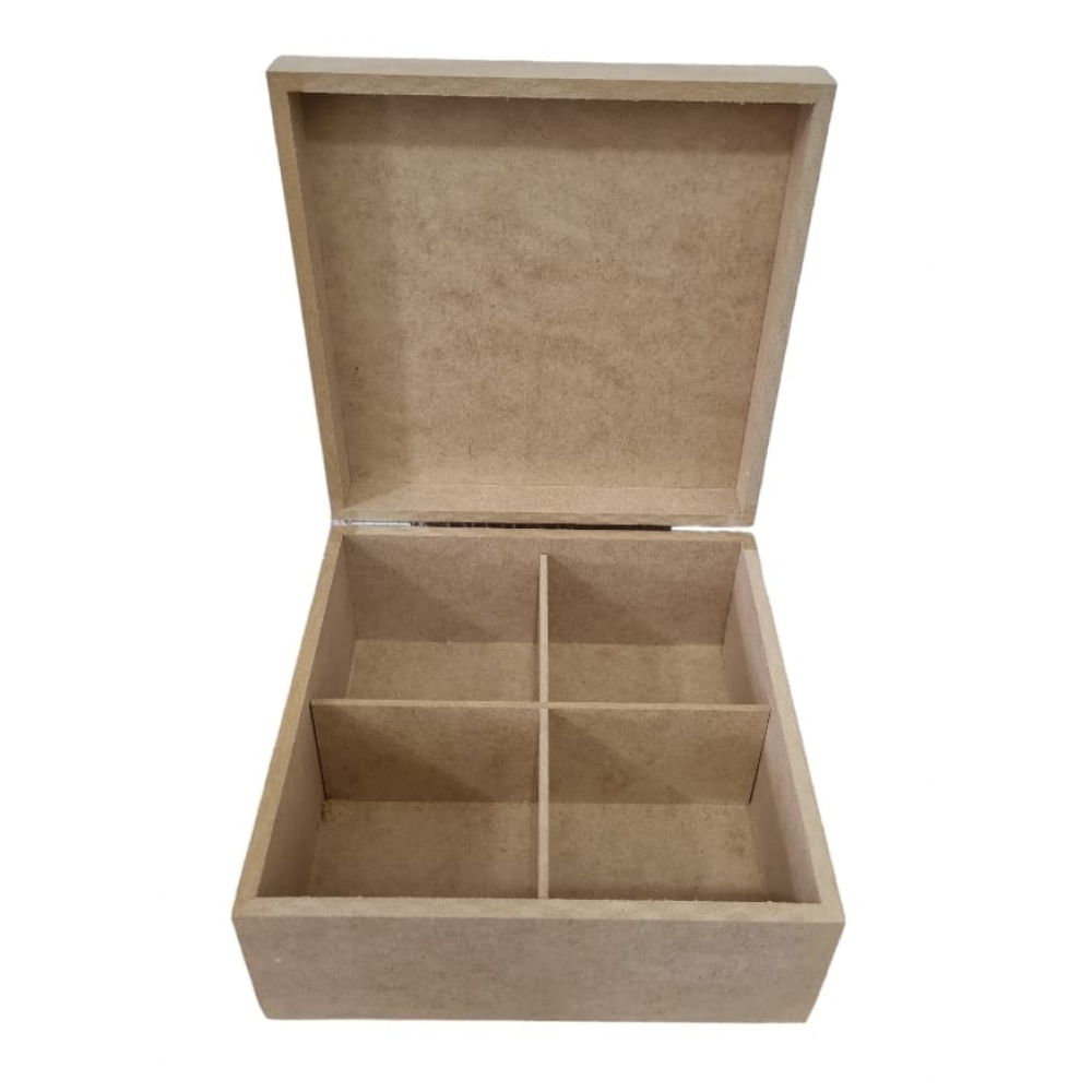 Caixa Porta Chá Quadrado c/ 4 Divisórias MDF cru