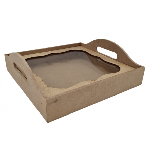 Bandeja Quadrada 3D c/ Vidro 28x28cm Café Convite MDF cru