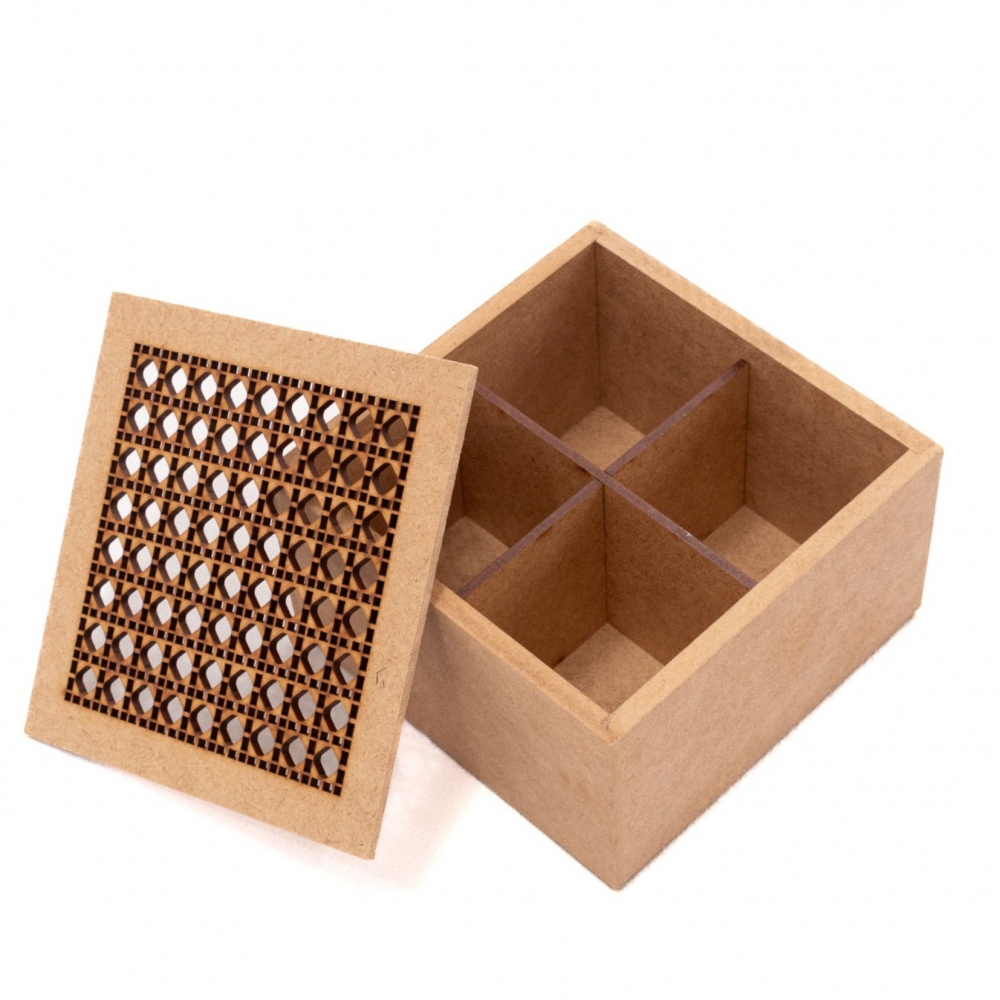 Caixa Treliça Joias Biju Chá 12x12cm c/ 4 divisórias MDF cru