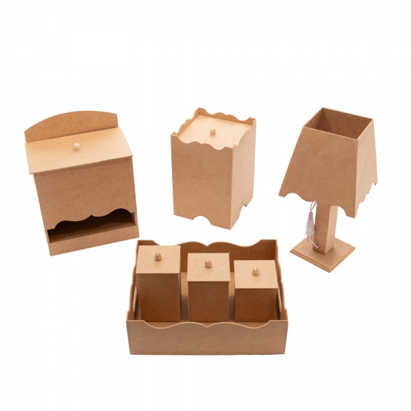 Kit Higiene Bebê Porta Fraldas Bandeja Abajur Liso MDF cru