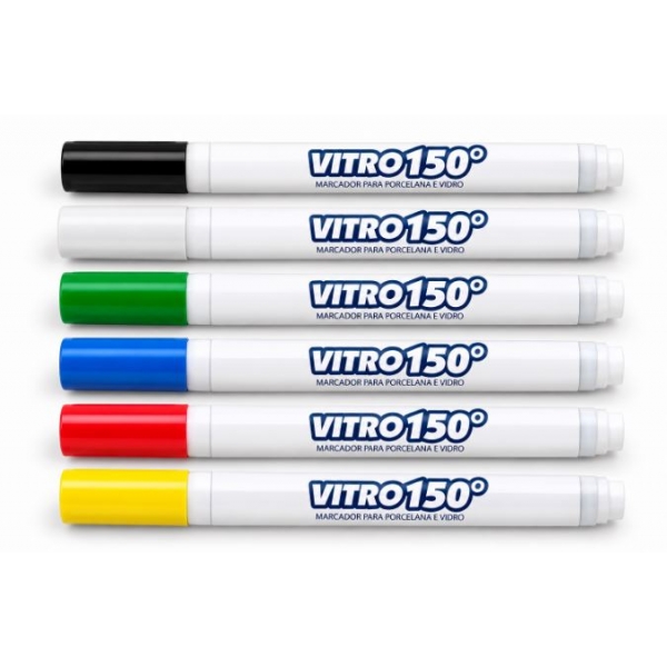 Kit 6 Cores - Caneta Marcador Vitro 150º  Acrilex - 1 Branca + 1 Preta + 1 Amarela + 1 Verde + 1 Azul + 1 Vermelha