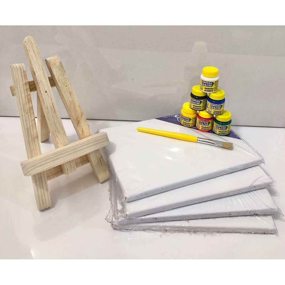 Kit Pintura 4Telas 16X22 + Mini Cavalete  6 Tintas e Pincel