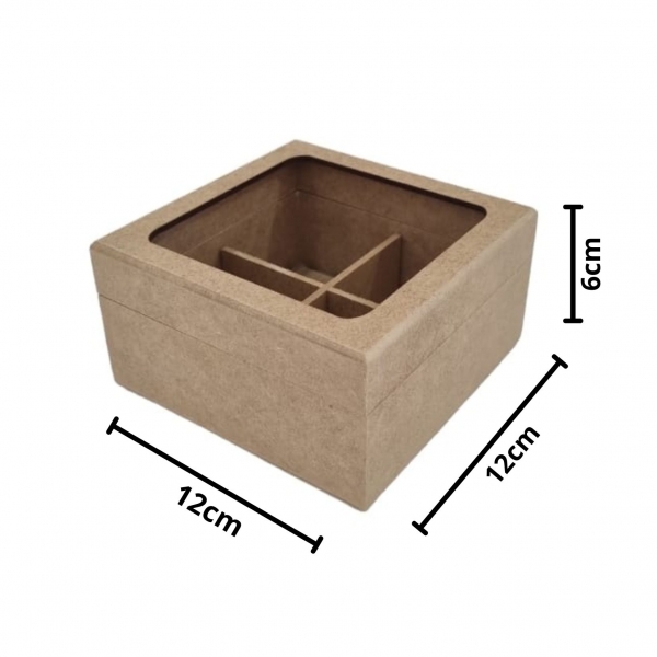 Caixa Chá Quadrada c/ Vidro Divisórias e Dobradiças MDF cru
