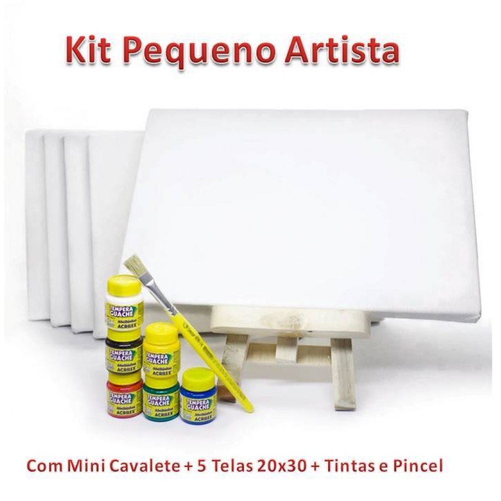 Kit Pintura 5 Telas 20x30 + Mini Cavalete + Tintas e Pincel