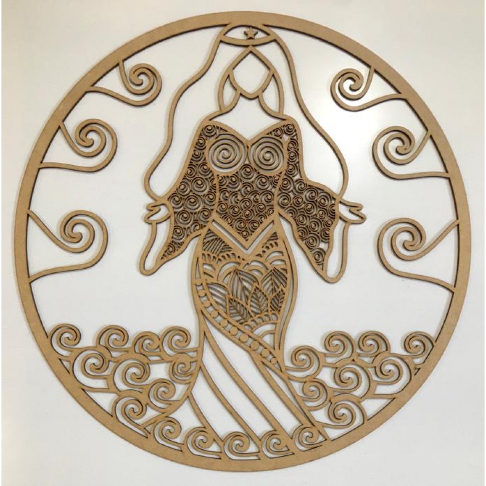 Mandalas Decorativas para Parede 38cm em MDF Cru - Iemanja c/ Ondas