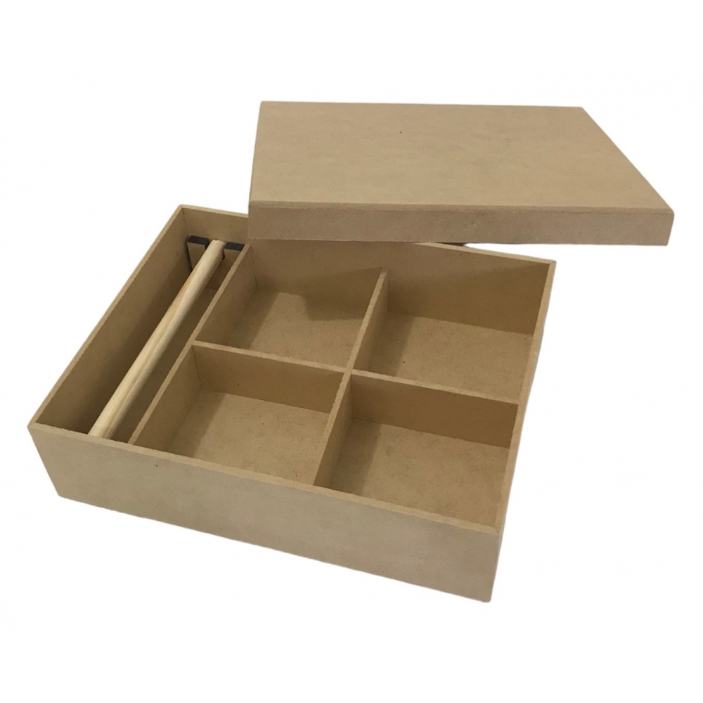 Caixa Porta Jóias Biju c/ 4 Divisórias e Porta Anel MDF cru