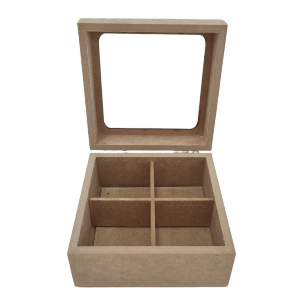 Caixa Chá Quadrada c/ Vidro Divisórias e Dobradiças MDF cru