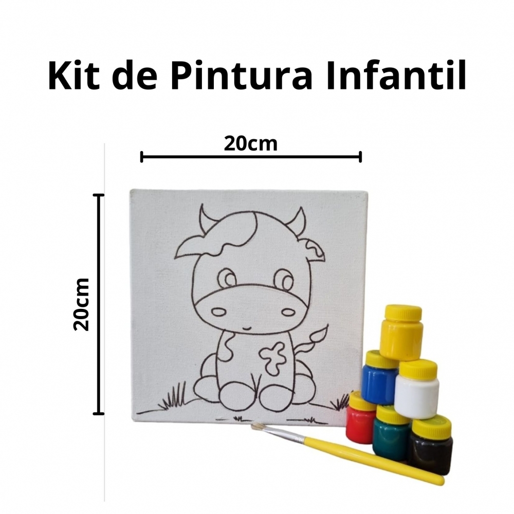 Kit Pintura em Tela Infantil c/ Tintas Pincel e Arte - Vaquinha KIT202010TR