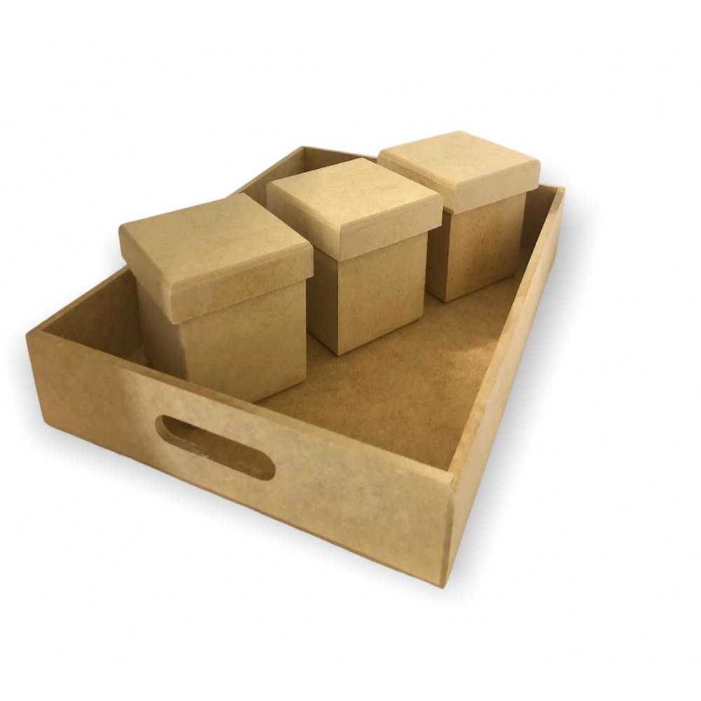 Kit Higiene Bebê Bandeja Reta com 3 Potes MDF Cru