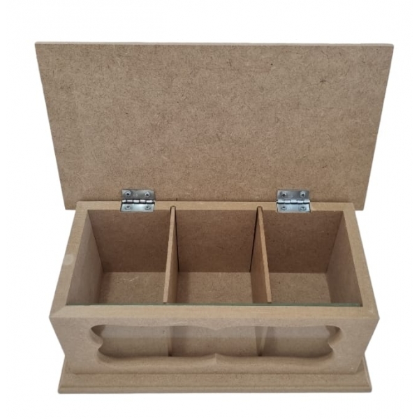 Caixa Chá Retangular c/ Vidro Frontal e Divisórias MDF cru