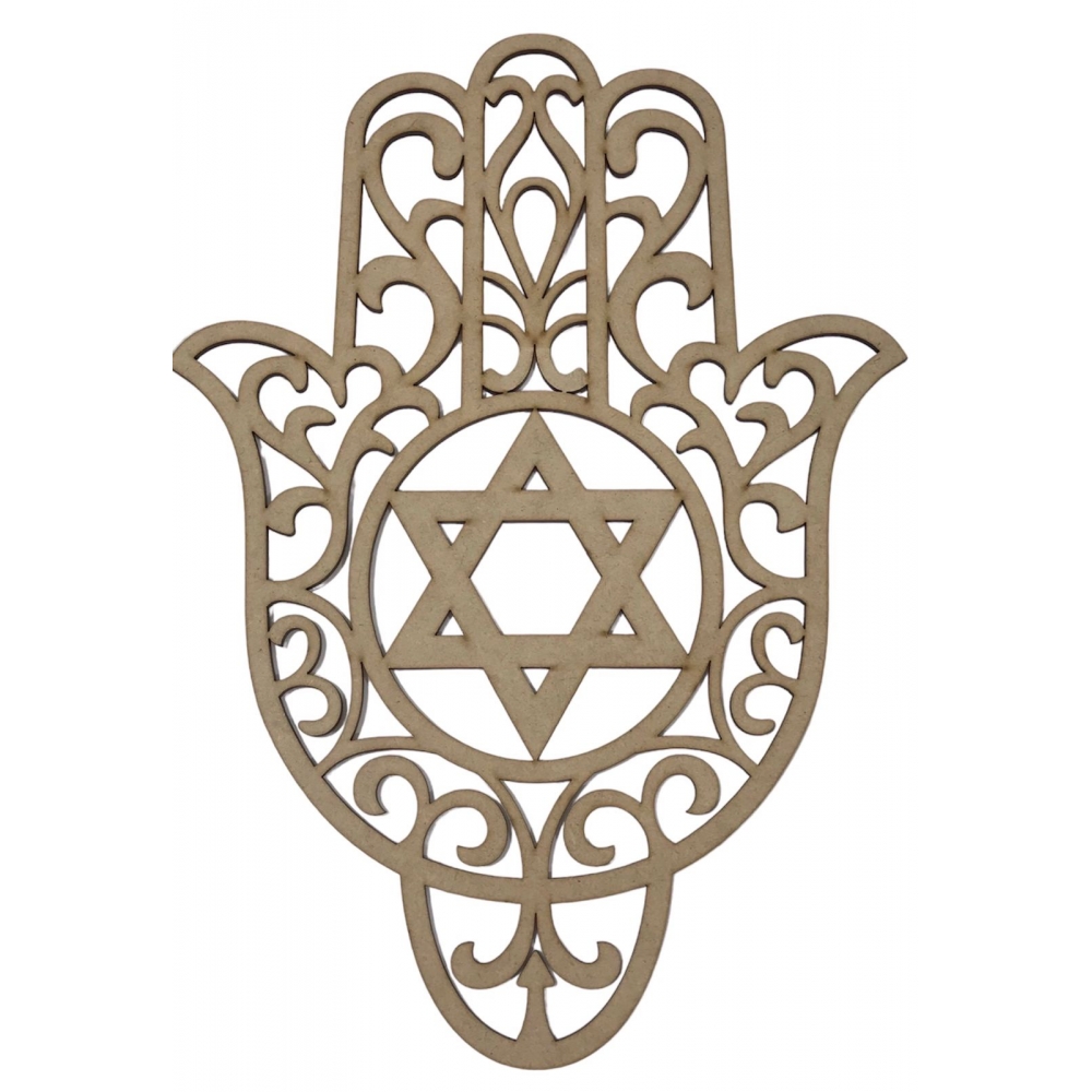 Mandalas Decorativas para Parede 38cm em MDF Cru - Mão de Fátima c/ Estrela 38x28cm
