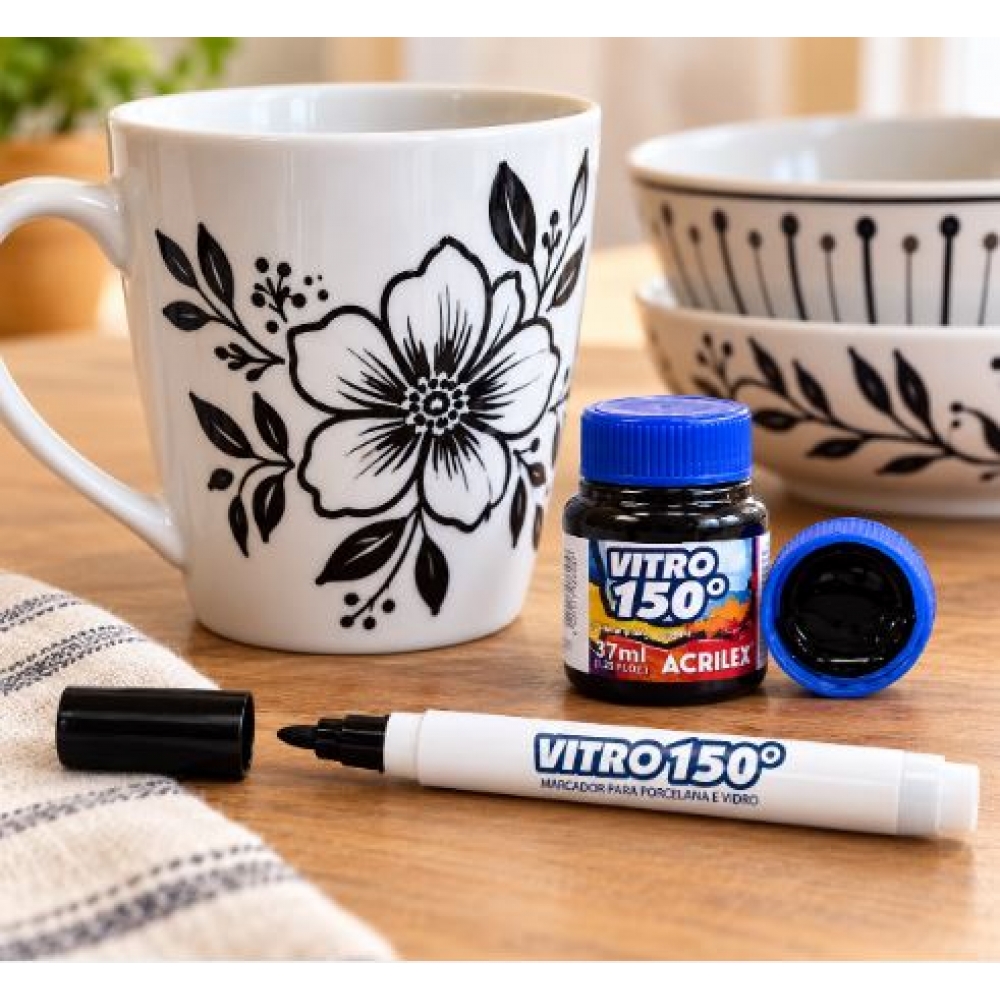 Kit 1 Caneta Marcador Vitro 150º + 1 Tinta Vitro 150º  37ml - Acrilex - Cor Preta