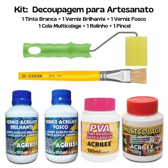 Kit Decoupagem p/ Artesanato: 1 Tinta Branca +1 Verniz Brilhante +1 Verniz Fosco +1 Cola Multicolage +1 Rolinho +1 Pincel