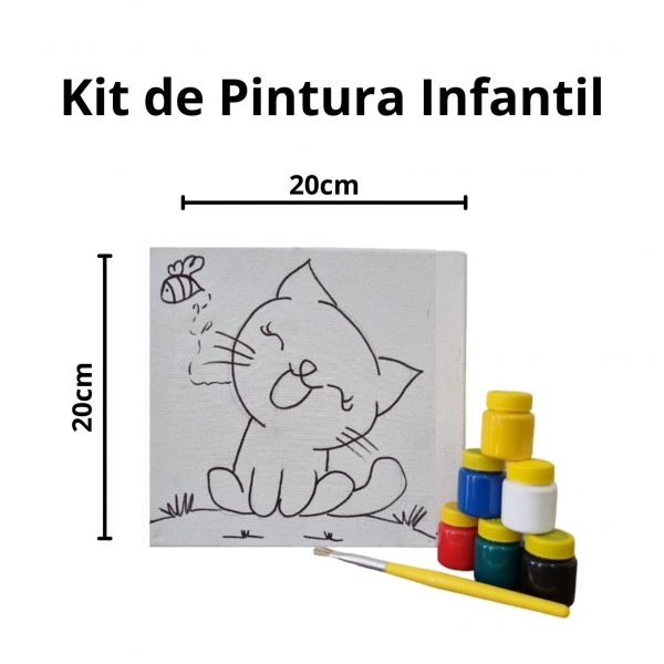 Kit Pintura em Tela Infantil c/ Tintas Pincel e Arte - Gatinho KIT202017TR