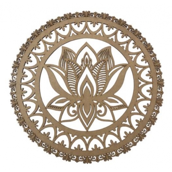 Mandalas Decorativas para Parede 38cm em MDF Cru - Flor de Lotus c/ Borda