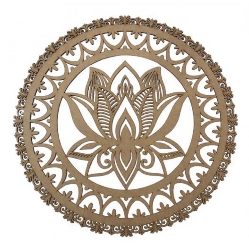 Mandalas Decorativas p/ Apliques ou Parede MDF Cru - Flor de Lotus c/ Borda 15cm
