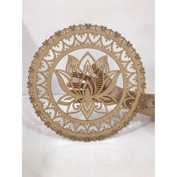 Mandalas Decorativas para Parede 38cm em MDF Cru - Flor de Lotus c/ Borda