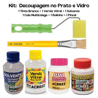 Kit de Decoupagem p/ Vidro completo: 1 Tinta Branca +1 Multicolage +1 Verniz Vitral +1 Solvente +1 Rolinho +1 pincel