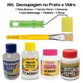 Kit de Decoupagem p/ Vidro completo: 1 Tinta Branca +1 Multicolage +1 Verniz Vitral +1 Solvente +1 Rolinho +1 pincel