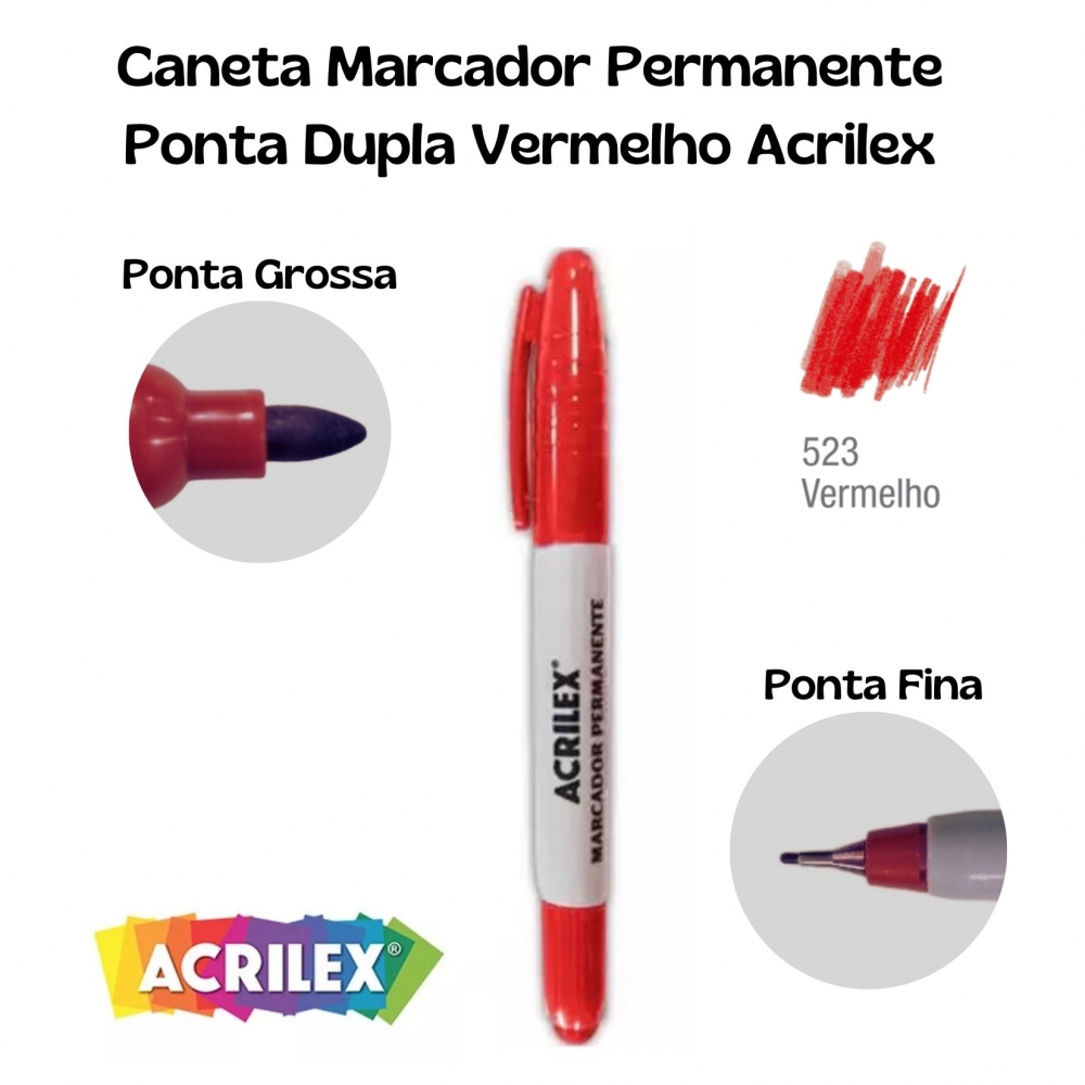 Caneta Marcador Permanente Ponta Dupla Acrilex - Vermelho 523
