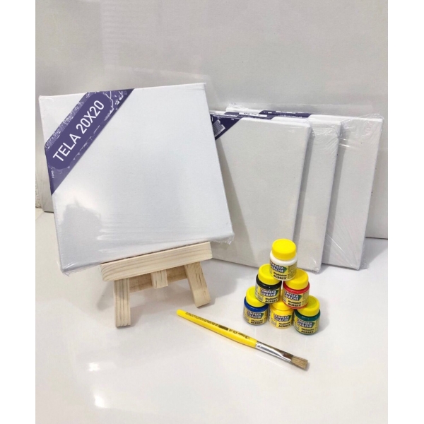 Kit 4 Telas Pintura 20x20 Mini Cavalete 6 Tintas e Pincel