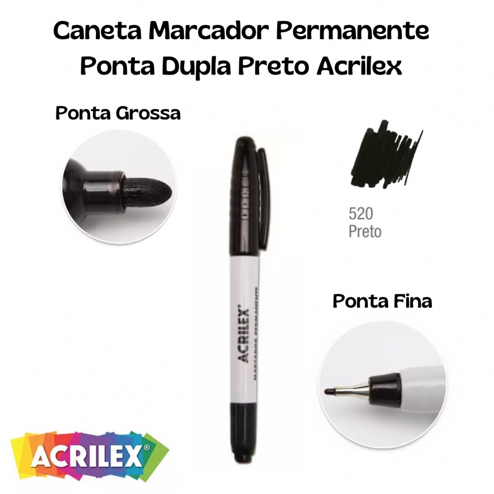 Caneta Marcador Permanente Ponta Dupla Acrilex - Preto 520