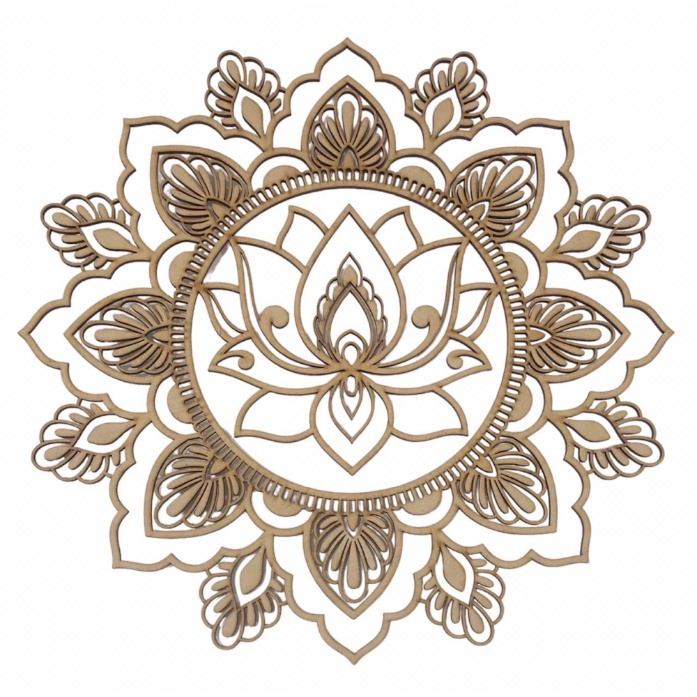 Mandalas Decorativas p/ Apliques ou Parede MDF Cru - Flor de Lotus com Folha 15cm
