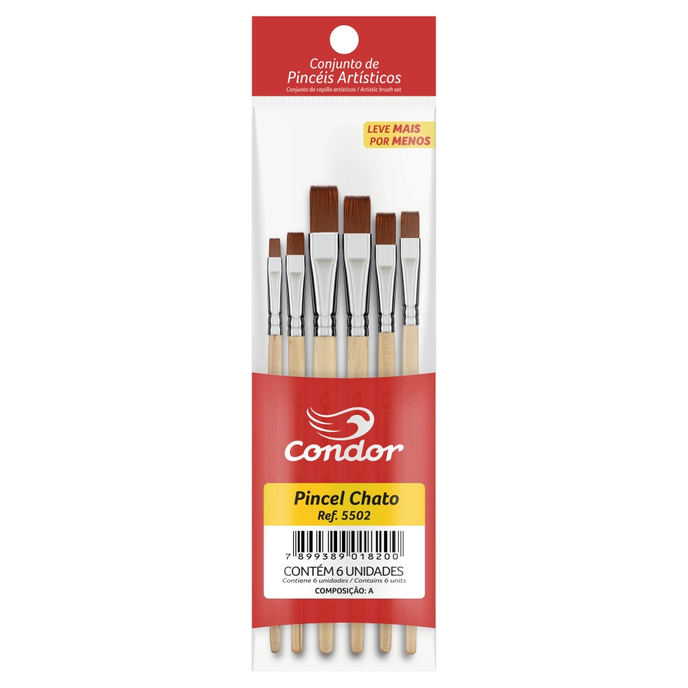 Pincel Ref. 5502 Condor Kit c/ 6 Chato Sintético Macio Pintura Artística