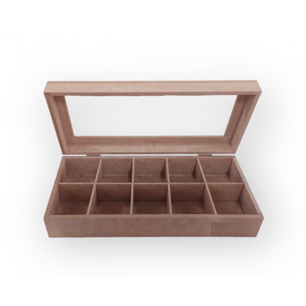 Caixa Retangular com 10 divisórias Tampa com vidro MDF Cru