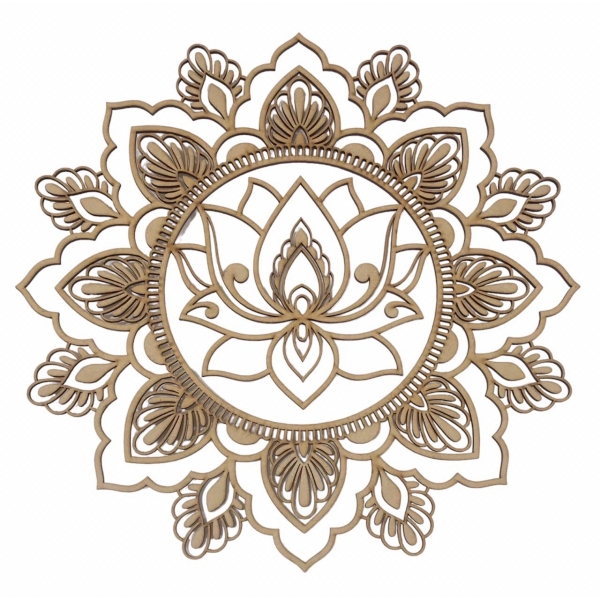 Mandalas Decorativas para Parede 38cm em MDF Cru - Flor de Lotus c/ Folhas