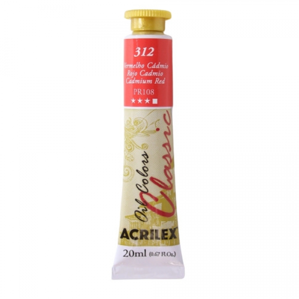 Tinta à Óleo para Pintura em Tela 20ml Acrilex - Escolha as Cores - 312 Vermelho Cádmio