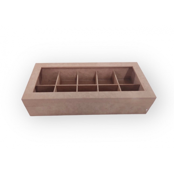 Caixa Retangular com 10 divisórias Tampa com vidro MDF Cru