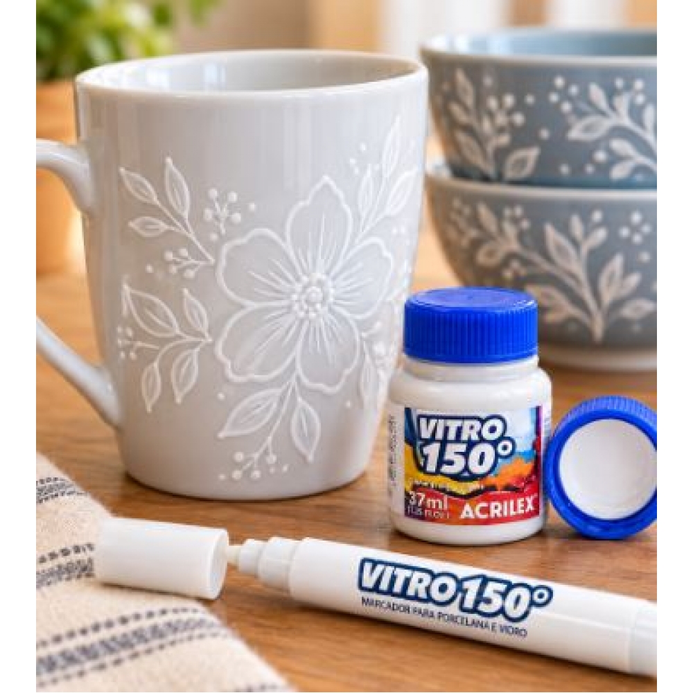Kit 1 Caneta Marcador Vitro 150º + 1 Tinta Vitro 150º  37ml - Acrilex - Cor Branca