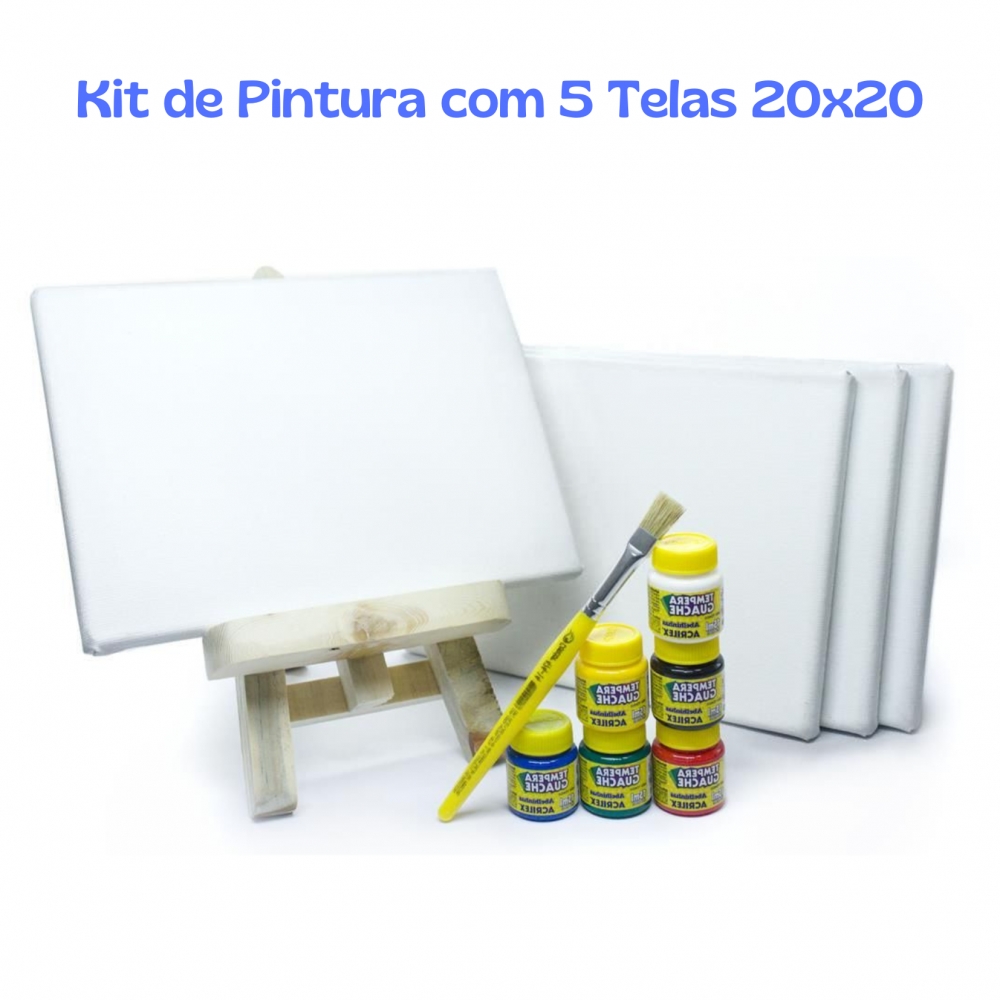 Kit 5 Telas Pintura 20x20 Mini Cavalete 6 Tintas e Pincel