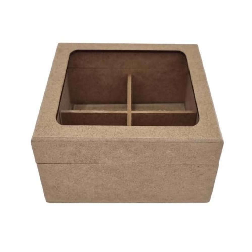 Caixa Chá Quadrada c/ Vidro Divisórias e Dobradiças MDF cru